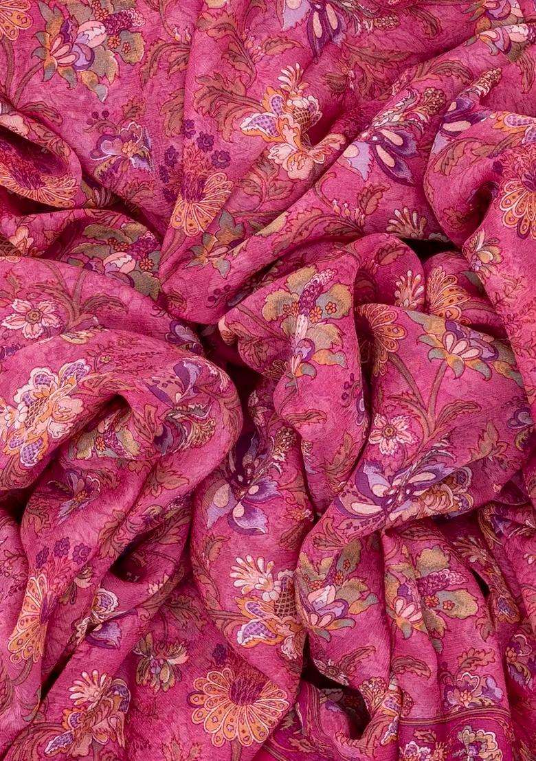 Pink Woven Digital Printed Chiffon Silk Saree With Floral Motifs For Women - Indya