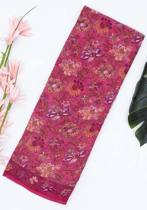 Pink Woven Digital Printed Chiffon Silk Saree With Floral Motifs For Women