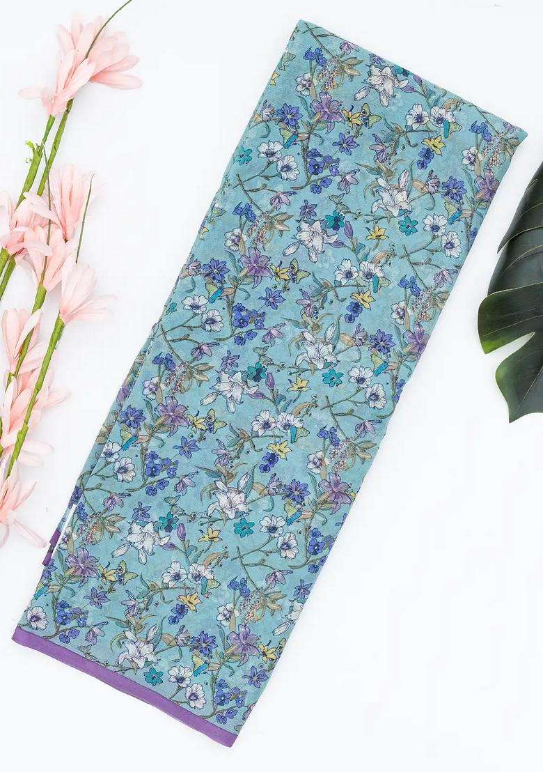 Light Blue Woven Digital Printed Chiffon Silk Saree With Floral Motifs For Women - Indya