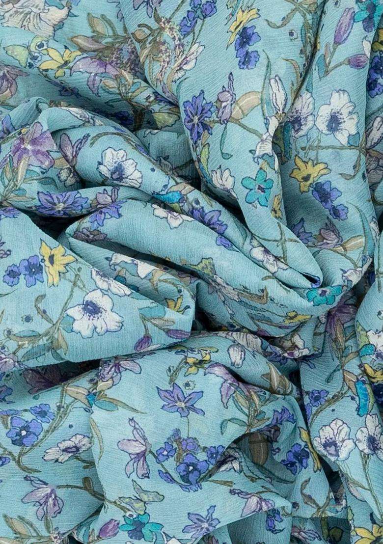Light Blue Woven Digital Printed Chiffon Silk Saree With Floral Motifs For Women - Indya