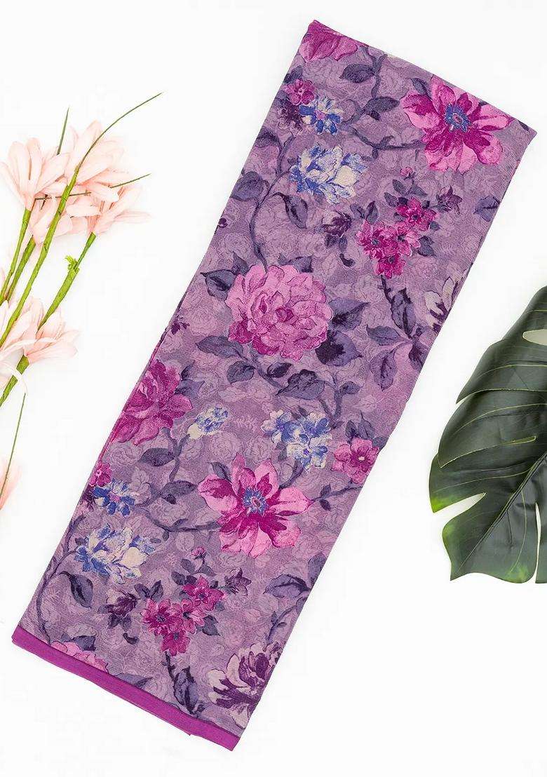Lilac Woven Digital Printed Chiffon Silk Saree With Floral Motifs For Women - Indya