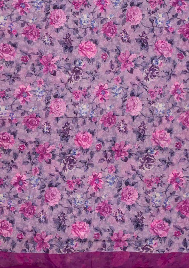 Lilac Woven Digital Printed Chiffon Silk Saree With Floral Motifs For Women - Indya