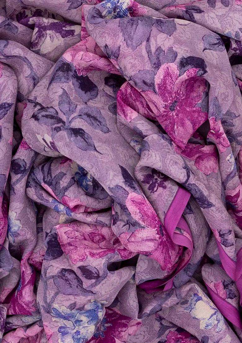 Lilac Woven Digital Printed Chiffon Silk Saree With Floral Motifs For Women - Indya