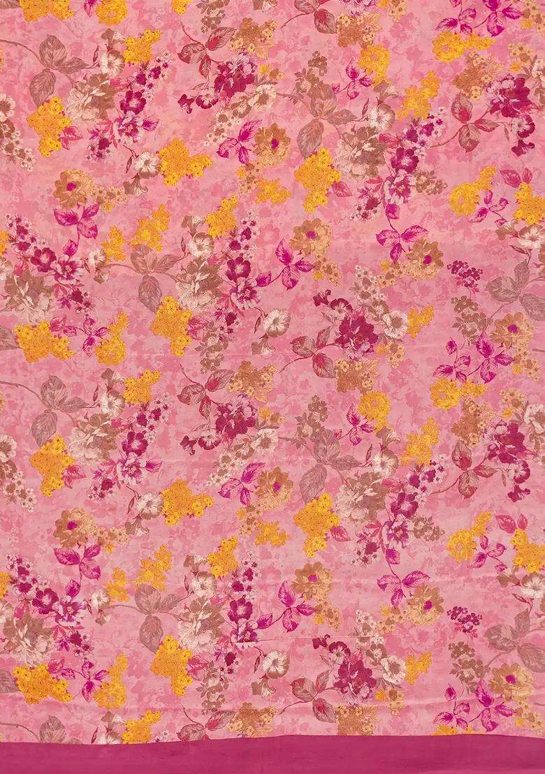 Baby Pink Woven Digital Printed Crepe Silk Saree With Floral Motifs For Women - Indya