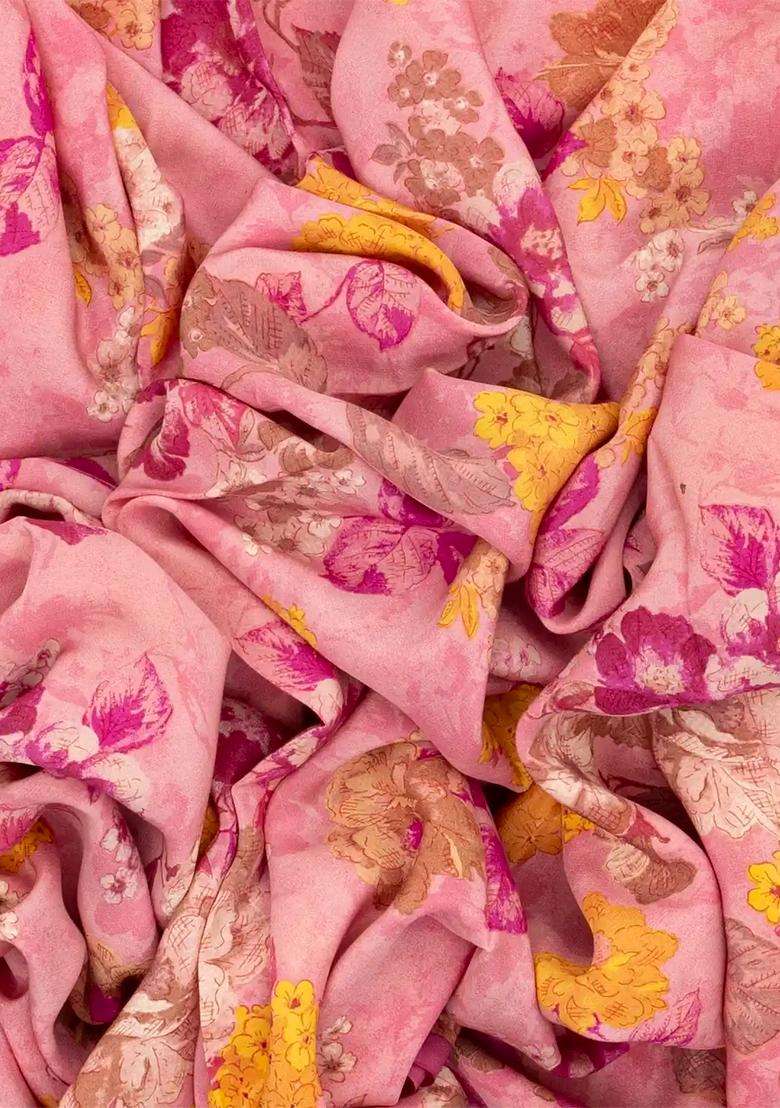 Baby Pink Woven Digital Printed Crepe Silk Saree With Floral Motifs For Women - Indya