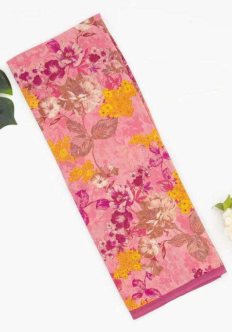 Baby Pink Woven Digital Printed Crepe Silk Saree With Floral Motifs For Women