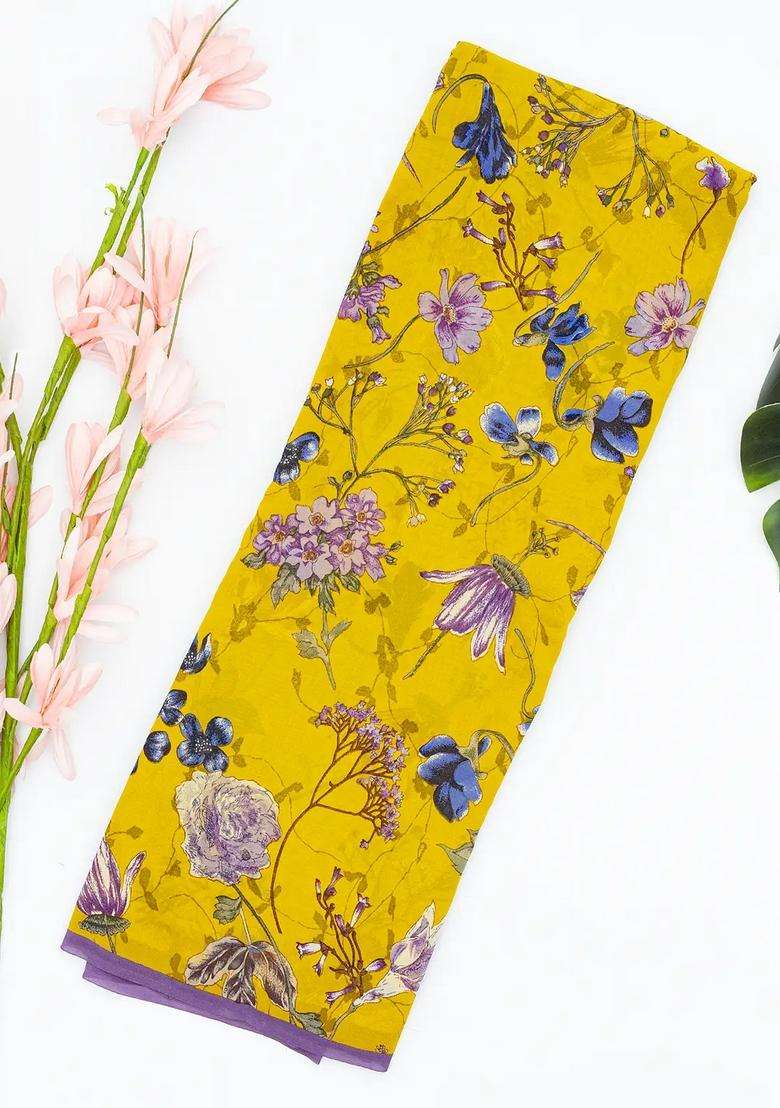 Lime Yellow Lemon Yellow Woven Digital Printed Georgette Silk Saree With Floral Motifs For Women - Indya