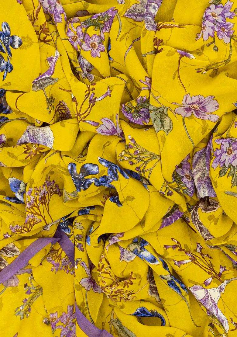 Lime Yellow Lemon Yellow Woven Digital Printed Georgette Silk Saree With Floral Motifs For Women - Indya