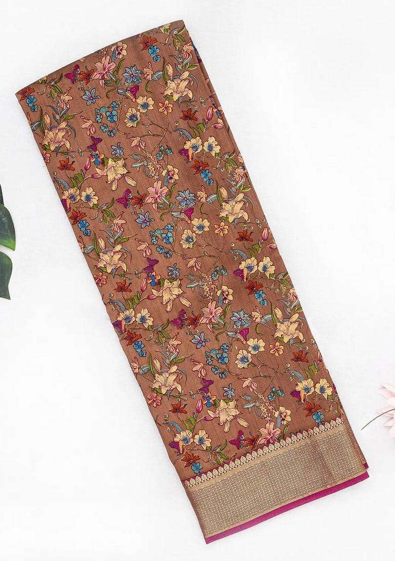Brown Woven Chiniya Silk Saree Digital Printed With Floral Motifs For Women - Indya