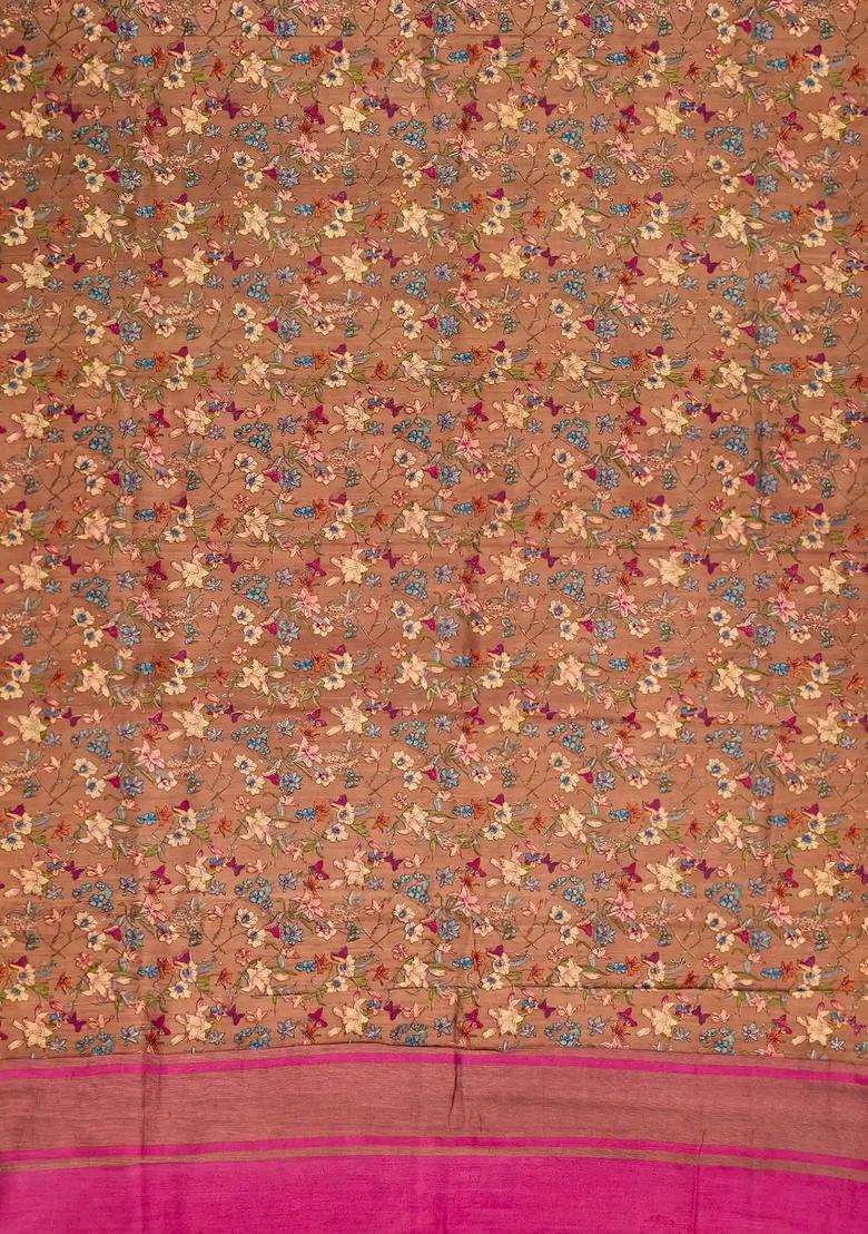 Brown Woven Chiniya Silk Saree Digital Printed With Floral Motifs For Women - Indya