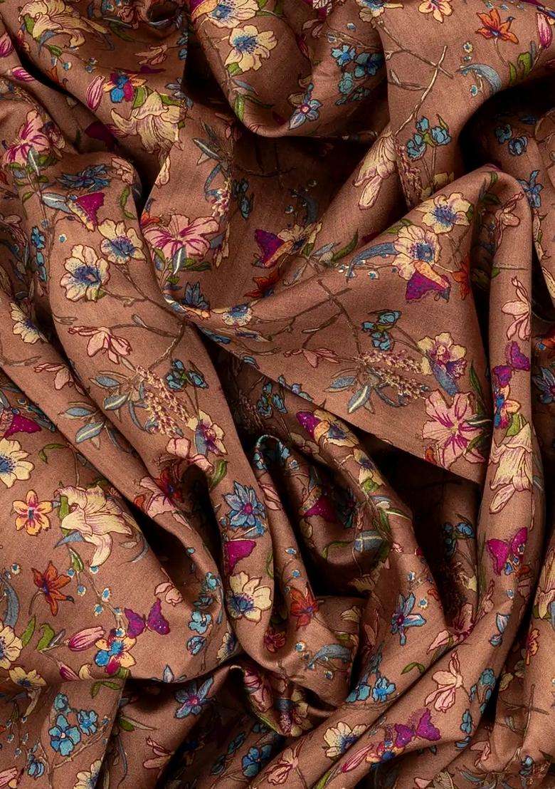 Brown Woven Chiniya Silk Saree Digital Printed With Floral Motifs For Women - Indya
