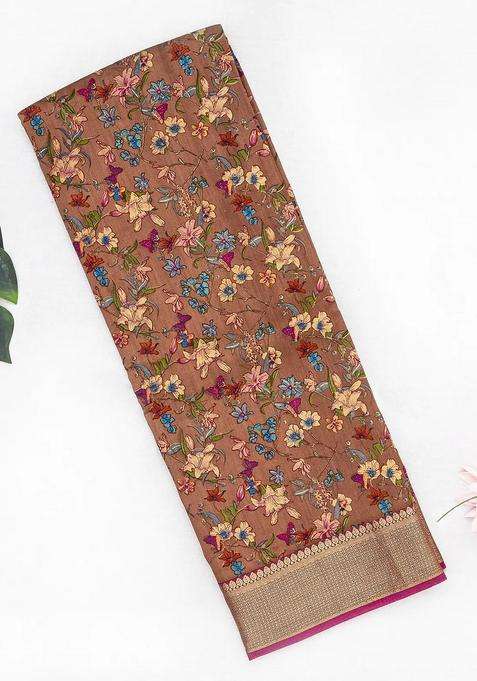 Brown Woven Chiniya Silk Saree Digital Printed With Floral Motifs For Women