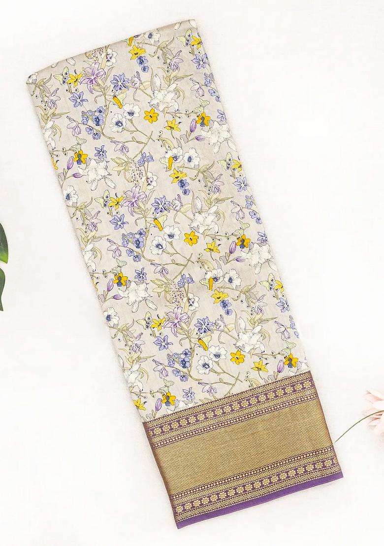 Off White Woven Chiniya Silk Saree Digital Printed With Floral Motifs For Women - Indya