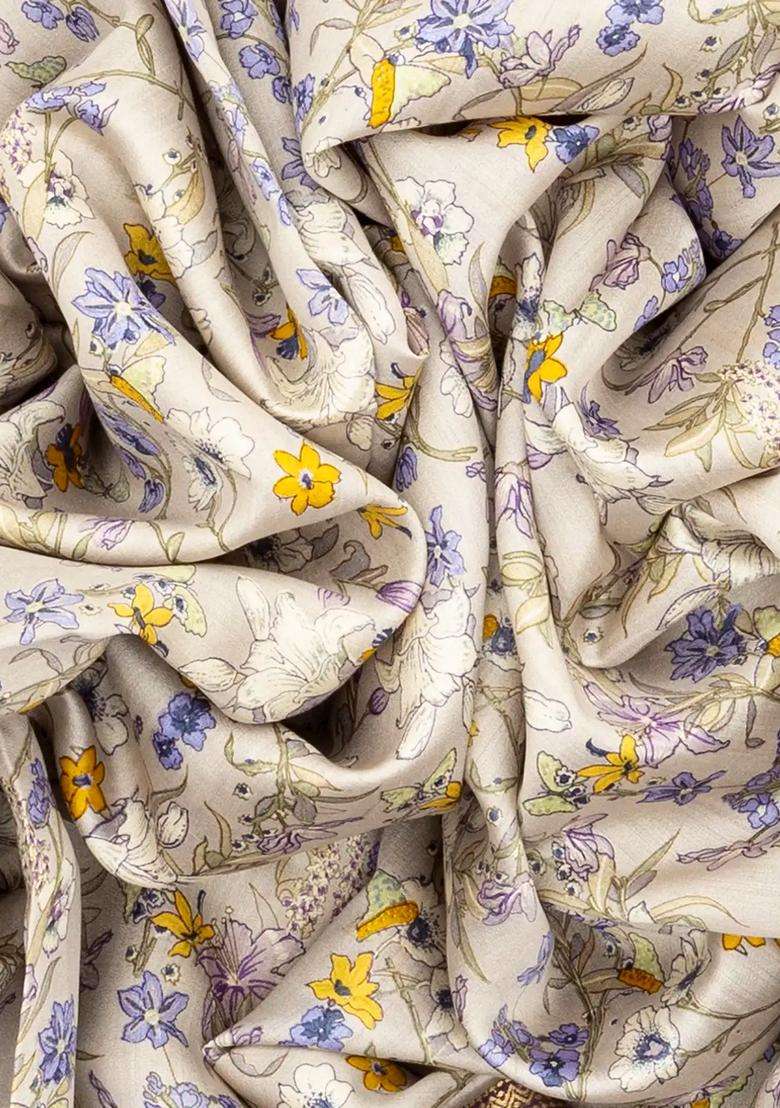 Off White Woven Chiniya Silk Saree Digital Printed With Floral Motifs For Women - Indya