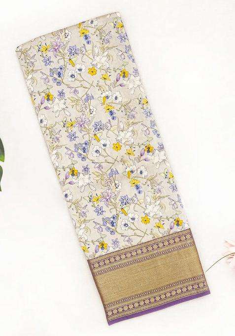 Off White Woven Chiniya Silk Saree Digital Printed With Floral Motifs For Women