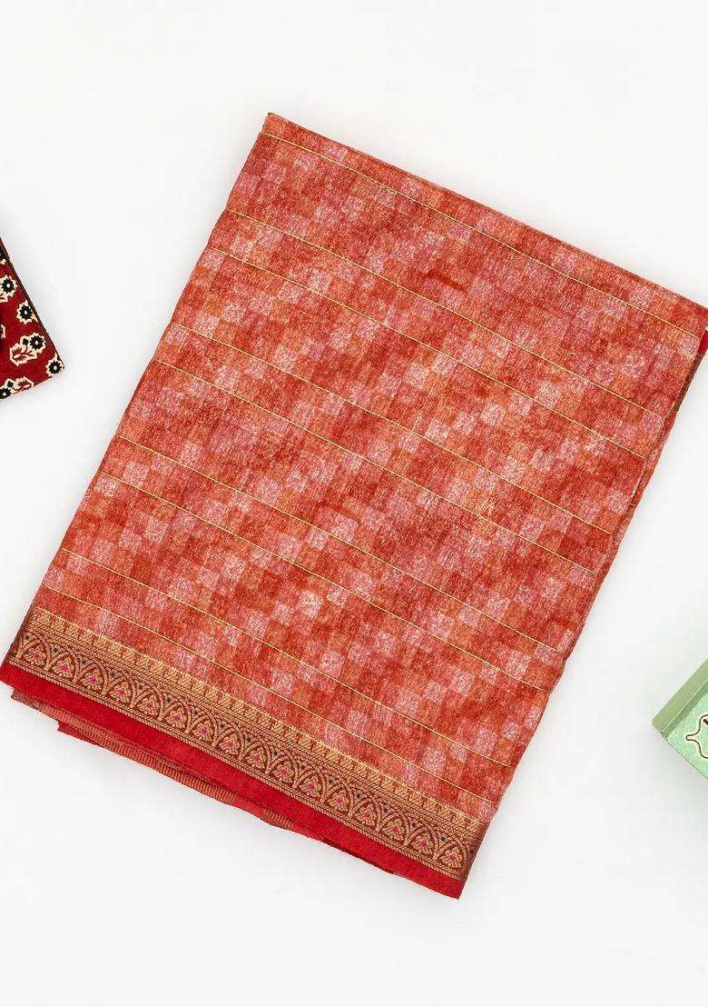 Red Handloom Tussar Silk Saree Printed With Check Motifs For Women - Indya