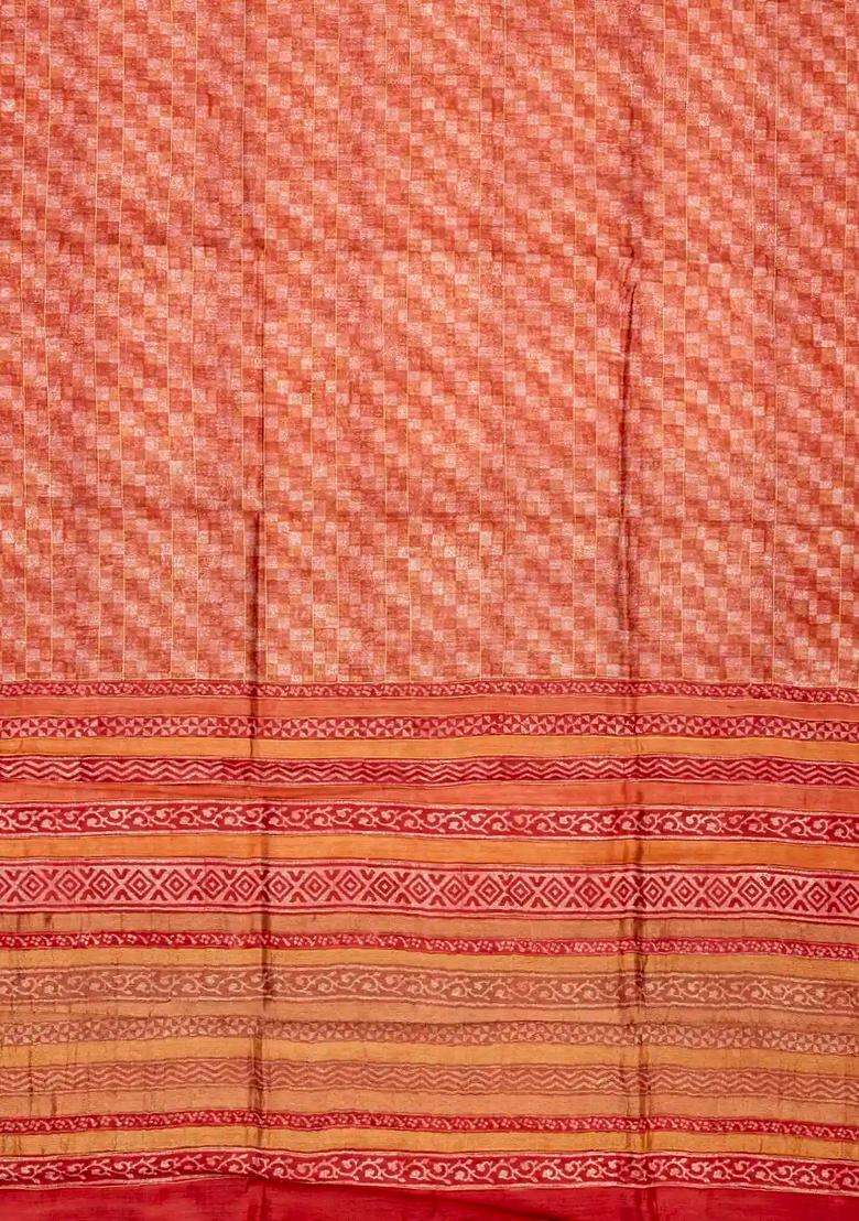 Red Handloom Tussar Silk Saree Printed With Check Motifs For Women - Indya
