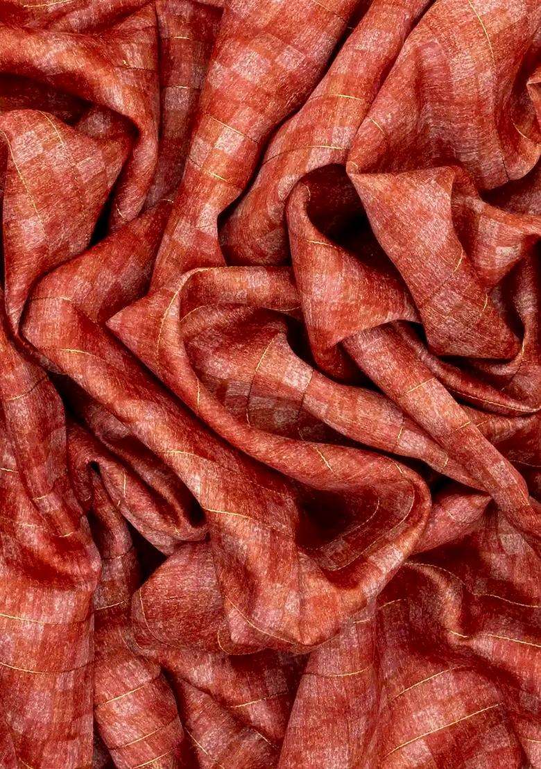 Red Handloom Tussar Silk Saree Printed With Check Motifs For Women - Indya