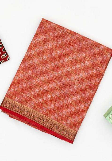 Red Handloom Tussar Silk Saree Printed With Check Motifs For Women
