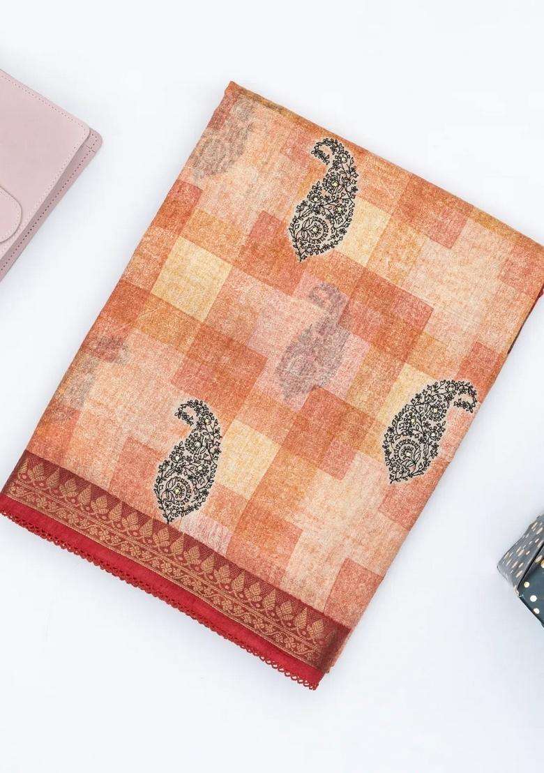 Peach Handloom Tussar Silk Saree Printed With Checks Mango Motifs For Women - Indya