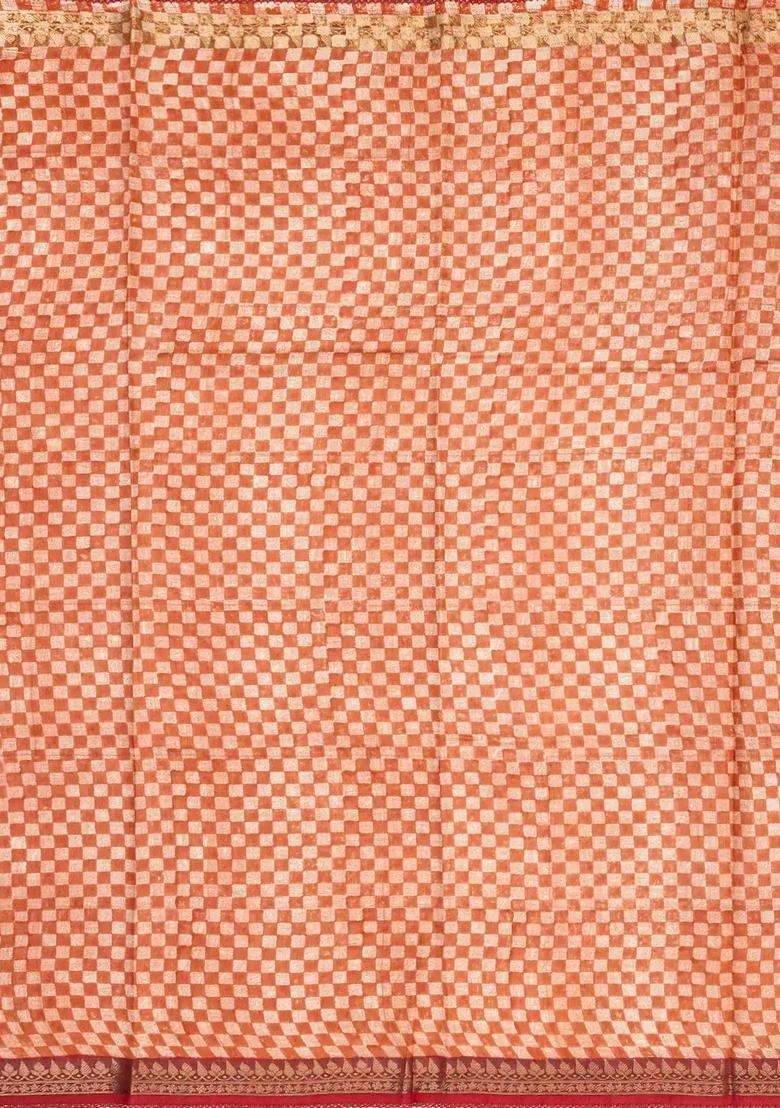 Peach Handloom Tussar Silk Saree Printed With Checks Mango Motifs For Women - Indya