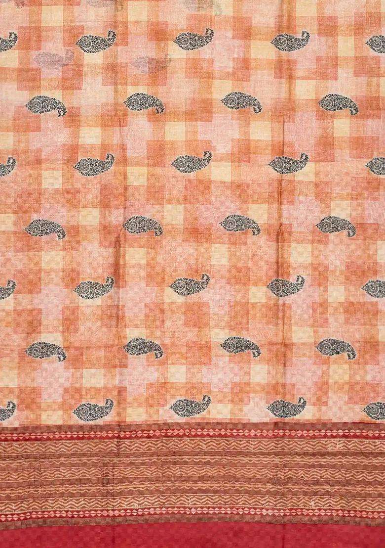 Peach Handloom Tussar Silk Saree Printed With Checks Mango Motifs For Women - Indya