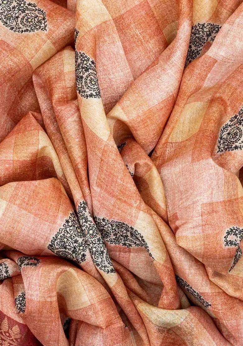 Peach Handloom Tussar Silk Saree Printed With Checks Mango Motifs For Women - Indya