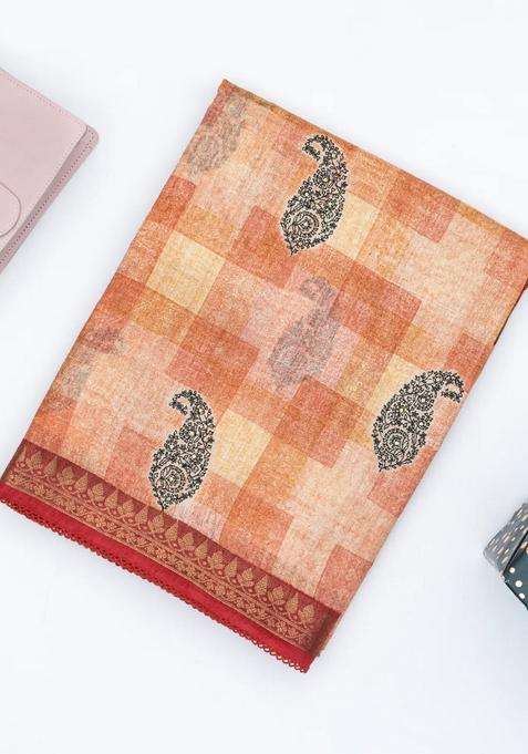 Peach Handloom Tussar Silk Saree Printed With Checks Mango Motifs For Women
