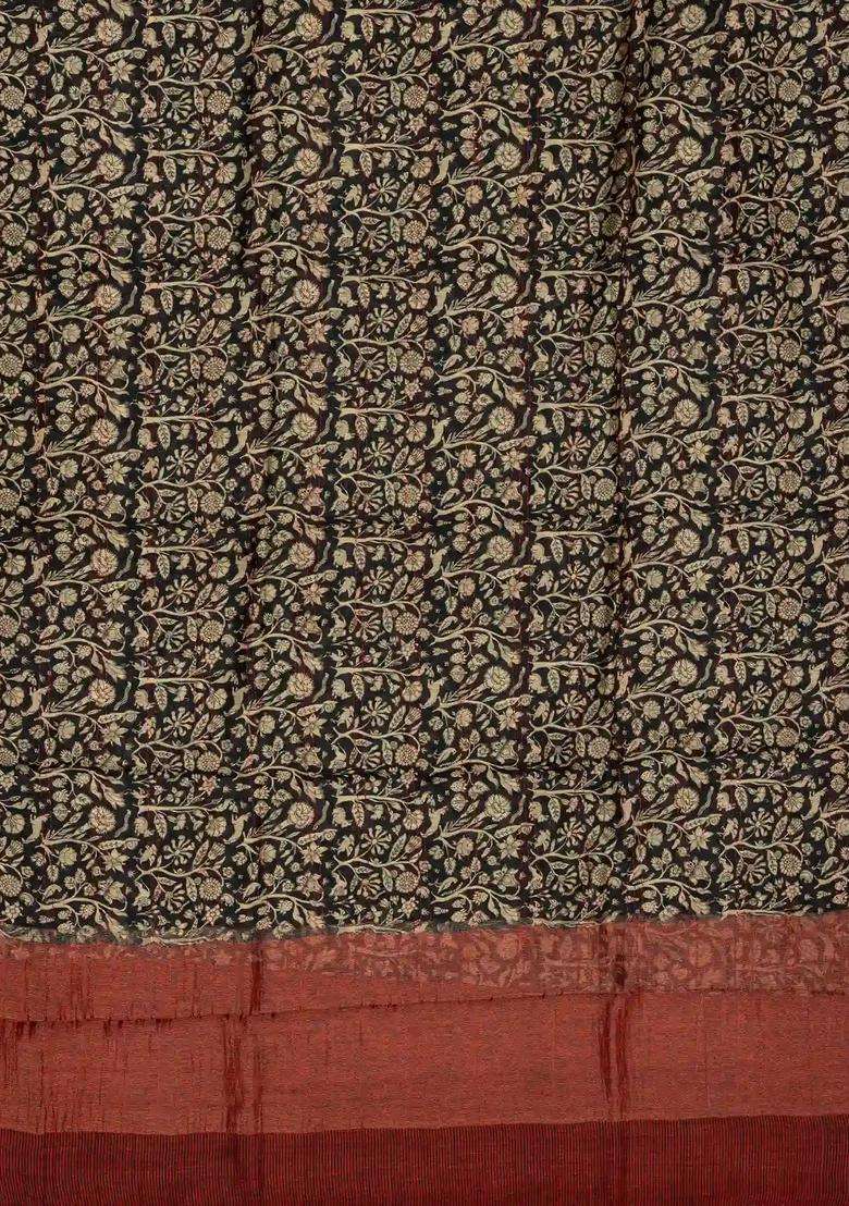 Black Handloom Tussar Silk Saree Printed With Floral Vine Motifs For Women - Indya