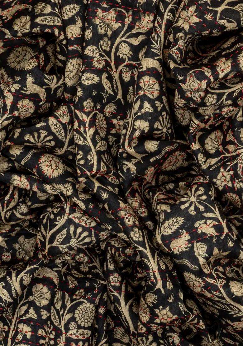 Black Handloom Tussar Silk Saree Printed With Floral Vine Motifs For Women - Indya