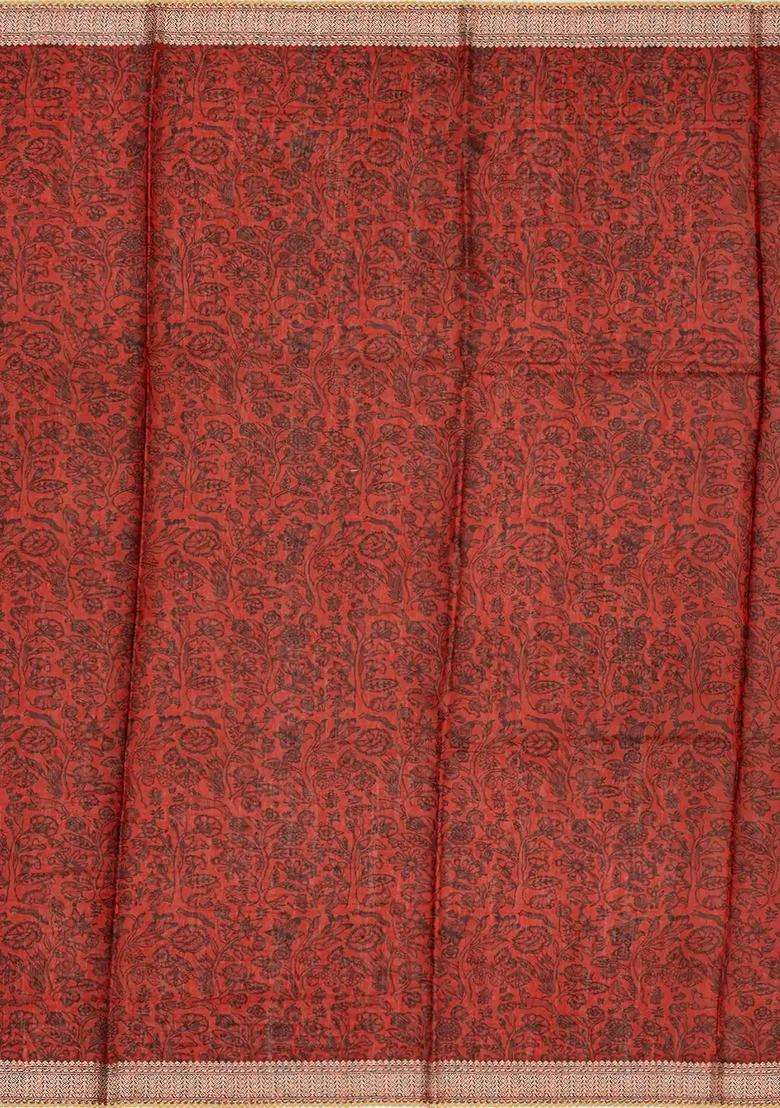 Black Handloom Tussar Silk Saree Printed With Floral Vine Motifs For Women - Indya