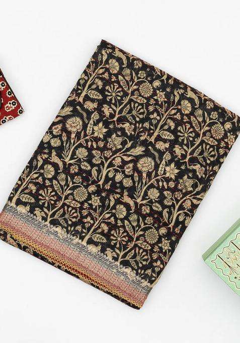 Black Handloom Tussar Silk Saree Printed With Floral Vine Motifs For Women