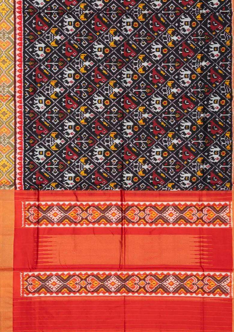 Black Handloom Ikat Silk Saree With Contrast Red Border With Printed Design For Women - Indya