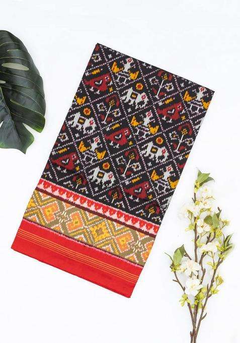 Black Handloom Ikat Silk Saree With Contrast Red Border With Printed Design For Women