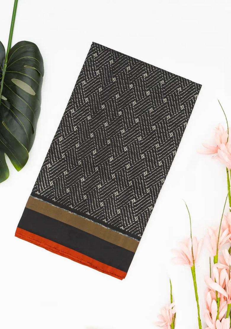 Black Handloom Ikat Silk Saree With Broken Stripes With Printed Design For Women - Indya