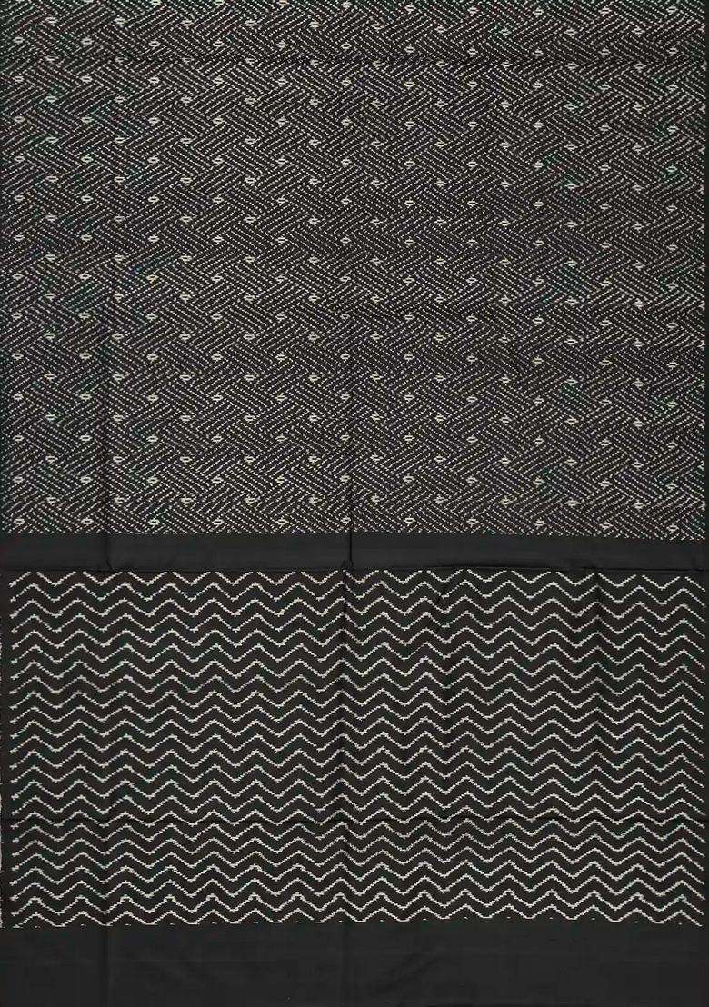 Black Handloom Ikat Silk Saree With Broken Stripes With Printed Design For Women - Indya