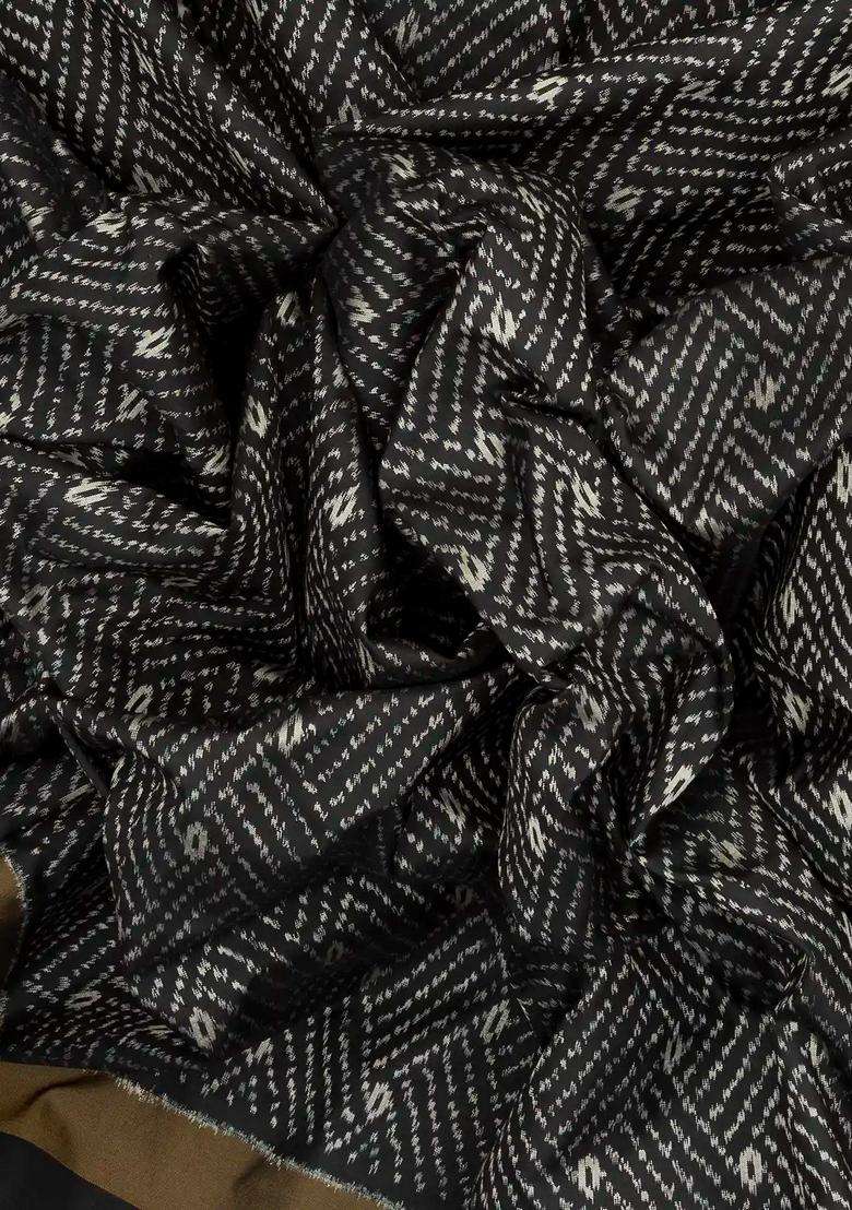 Black Handloom Ikat Silk Saree With Broken Stripes With Printed Design For Women - Indya