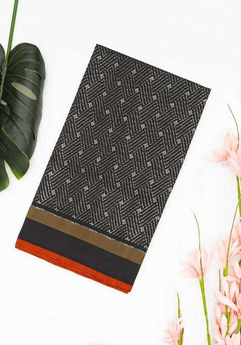 Black Handloom Ikat Silk Saree With Broken Stripes With Printed Design For Women