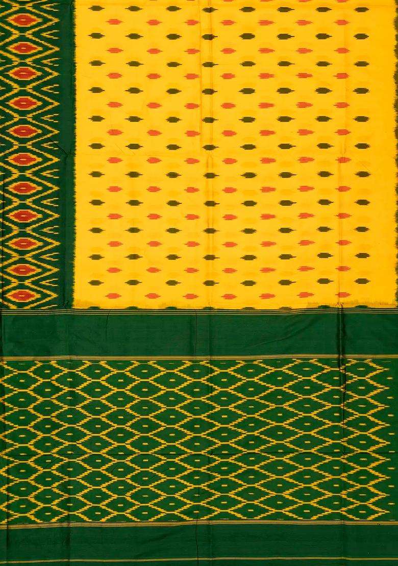 Yellow Handloom Ikat Silk Saree With Triangle Motifs With Printed Design For Women - Indya