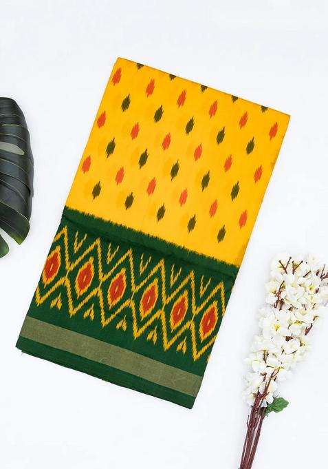 Yellow Handloom Ikat Silk Saree With Triangle Motifs With Printed Design For Women