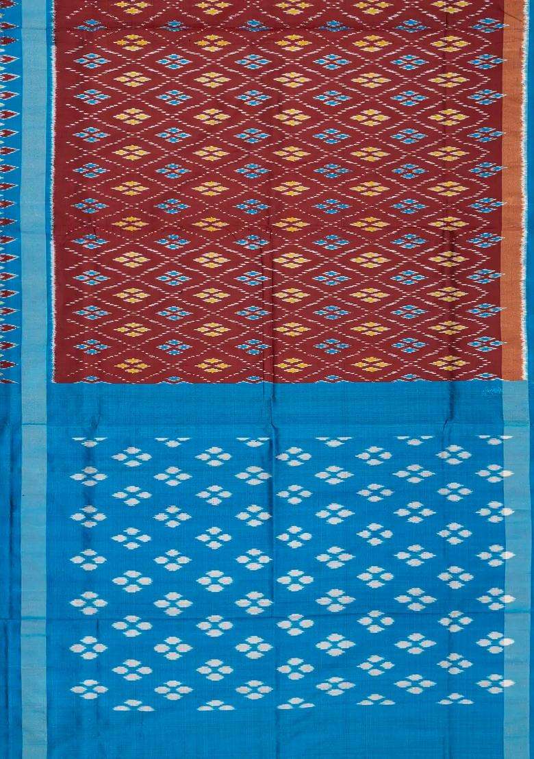 Maroon Handloom Ikat Silk Saree With Contrast Blue Border With Printed Design For Women - Indya