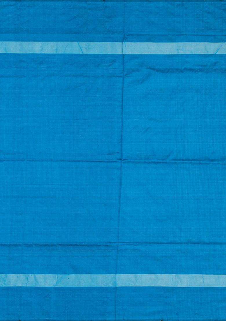 Maroon Handloom Ikat Silk Saree With Contrast Blue Border With Printed Design For Women - Indya