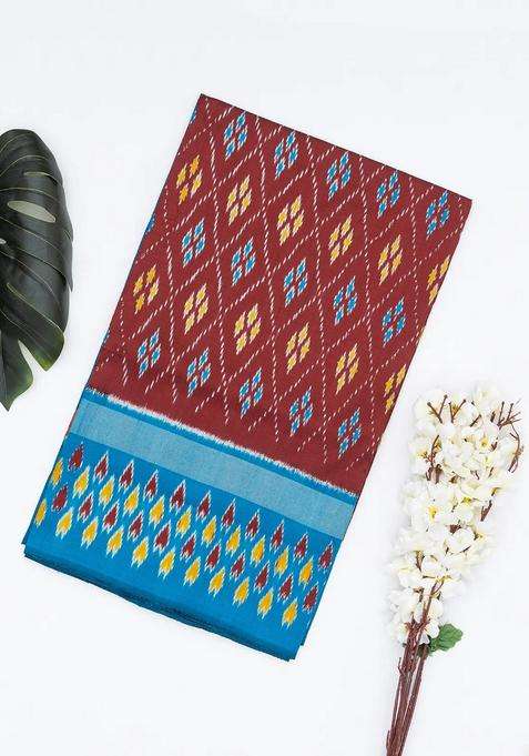 Maroon Handloom Ikat Silk Saree With Contrast Blue Border With Printed Design For Women