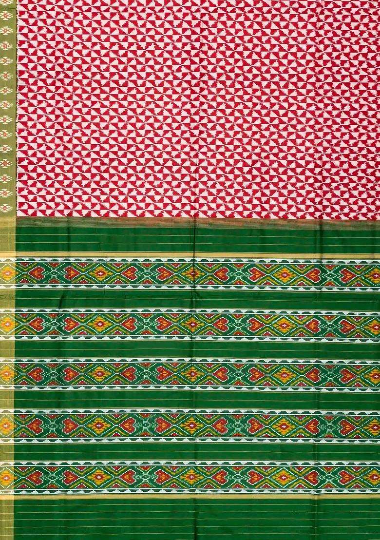 Red Handloom Ikat Silk Saree With Contrast Green Border With Printed Design For Women - Indya