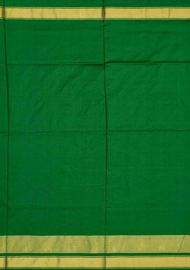 Red Handloom Ikat Silk Saree With Contrast Green Border With Printed Design For Women - Indya
