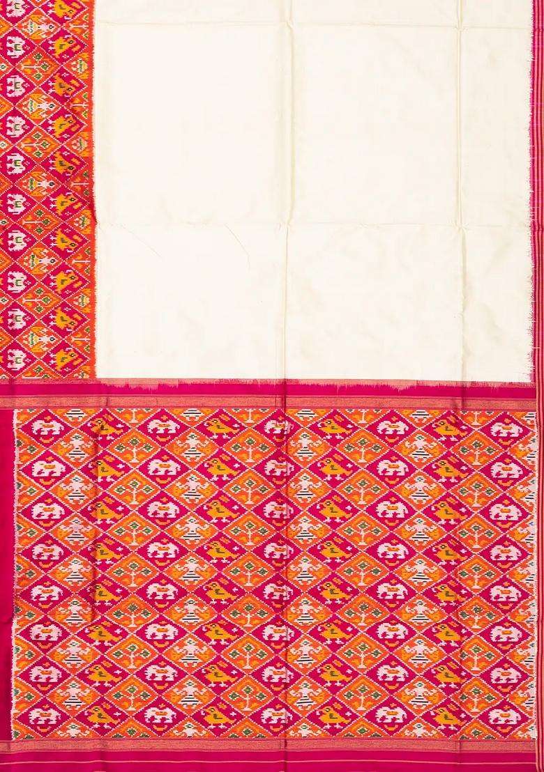 White Handloom Ikat Silk Saree With Contrast Pink Border With Printed Design For Women - Indya