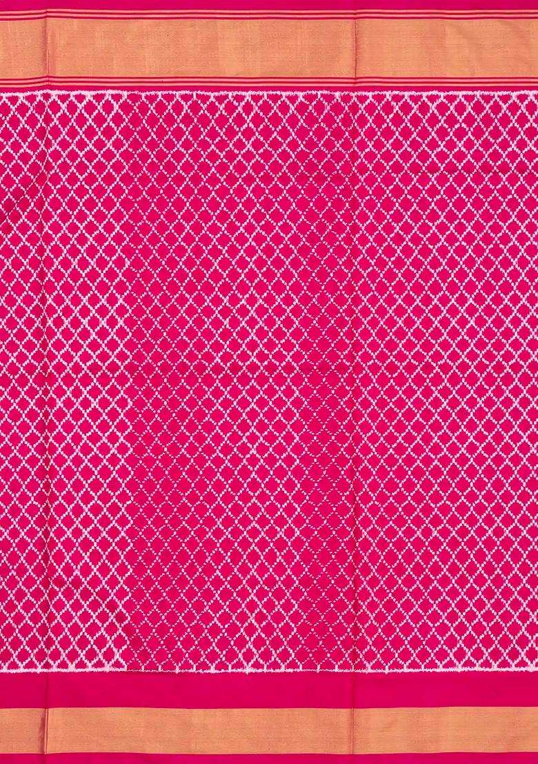 White Handloom Ikat Silk Saree With Contrast Pink Border With Printed Design For Women - Indya