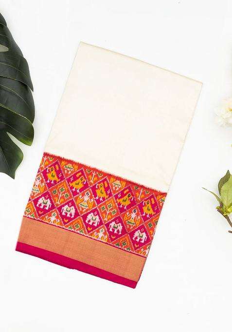 White Handloom Ikat Silk Saree With Contrast Pink Border With Printed Design For Women