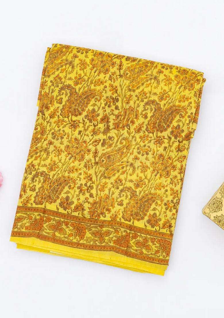 Mustard Handloom Chanderi Cotton Saree Printed With Floral Motifs For Women - Indya