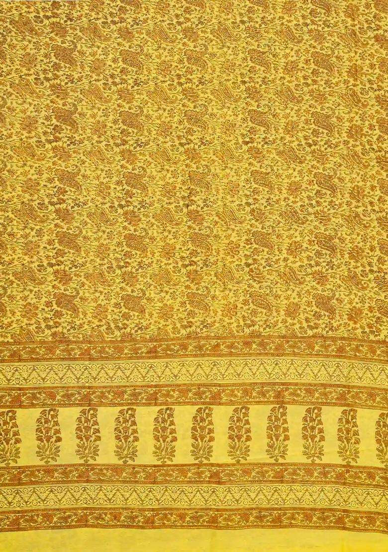 Mustard Handloom Chanderi Cotton Saree Printed With Floral Motifs For Women - Indya